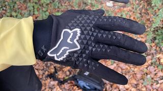 Fox Defend Glove worn with leafy trail backdrop