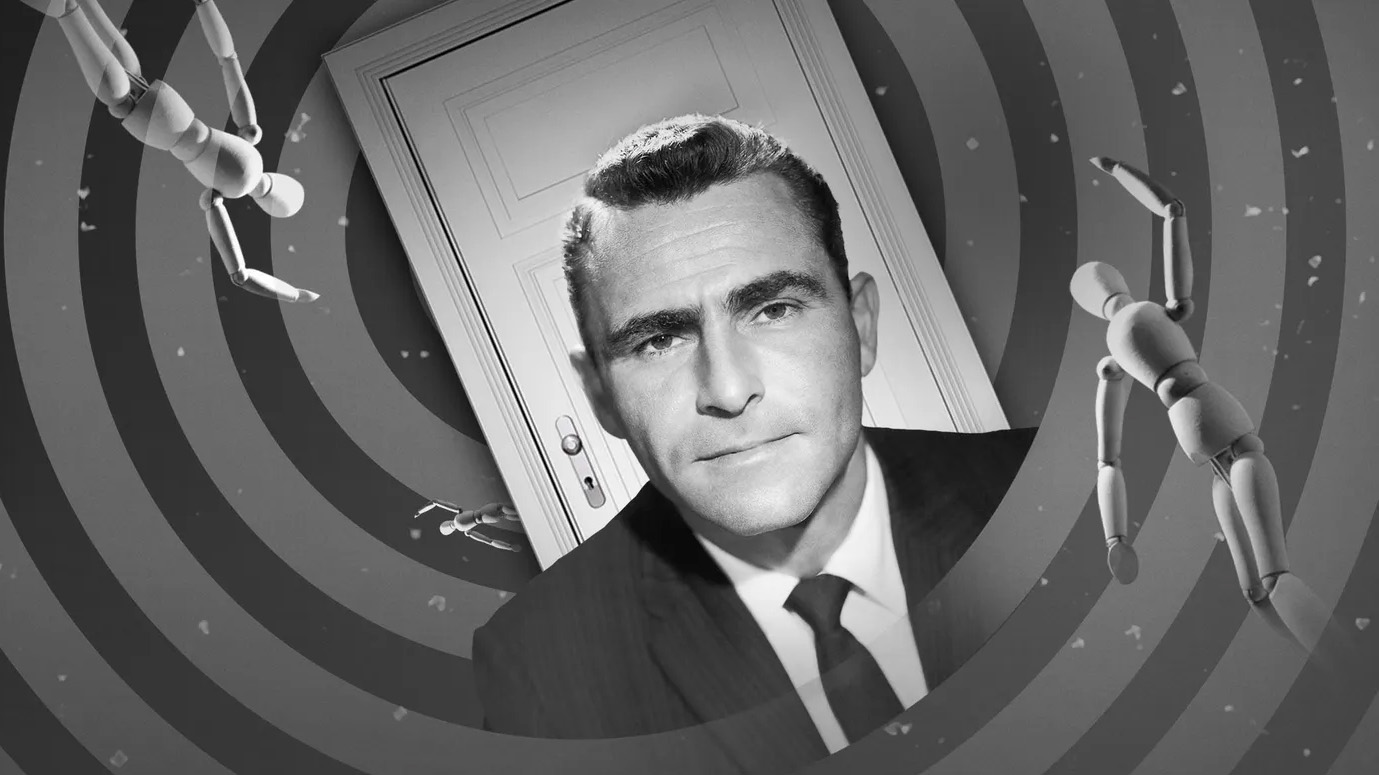 Rod Serling, the creator and host of the original 1950s version of The Twilight Zone in a swirling vortex surrounded by dolls.
