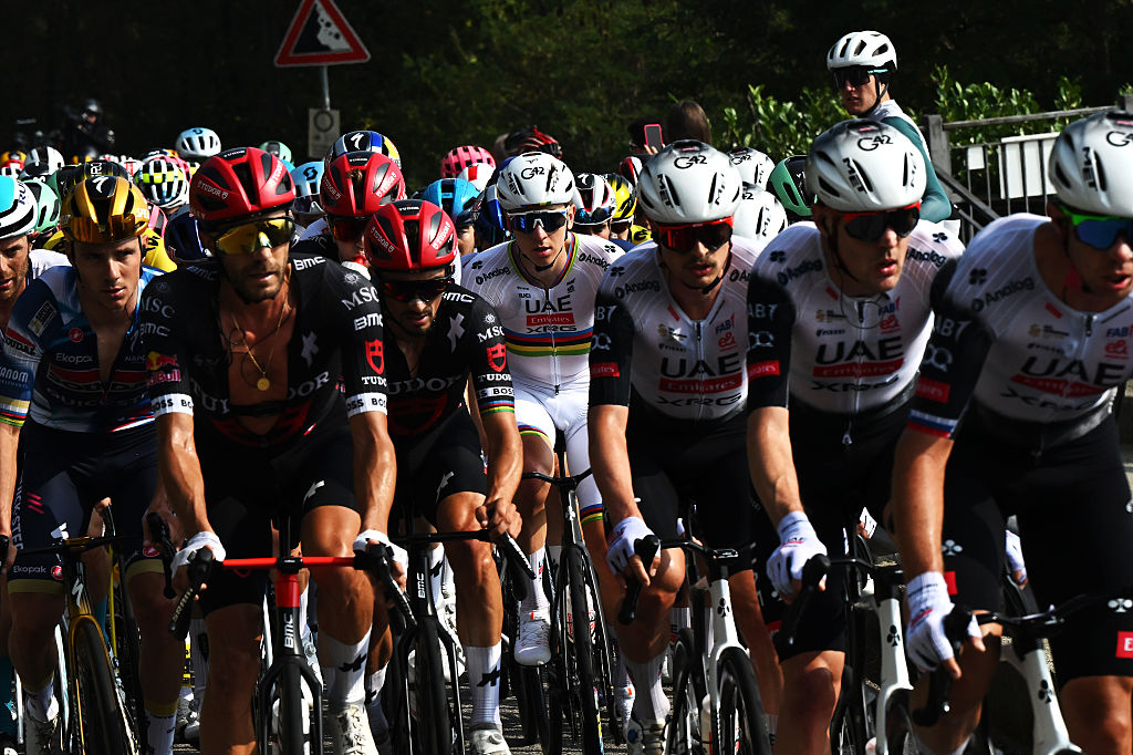 BERGAMO, ITALY - OCTOBER 11: Tadej Pogacar of Slovenia and Team UAE Team Emirates competes during the 119th Il Lombardia 2025 a 241km one day race from Como to Bergamo on October 11, 2025 in Bergamo, Italy. (Photo by Dario Belingheri/Getty Images)