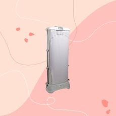 lakeland drysoon heated clothes airer on pink graphic background