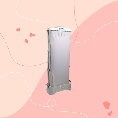 lakeland drysoon heated clothes airer on pink graphic background