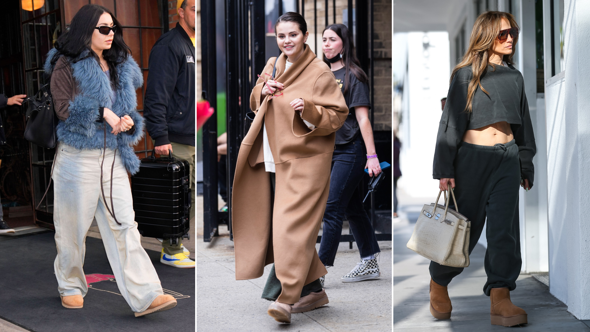 Split image of charli xcx, selena gomez, and jennifer lopez wearing uggs