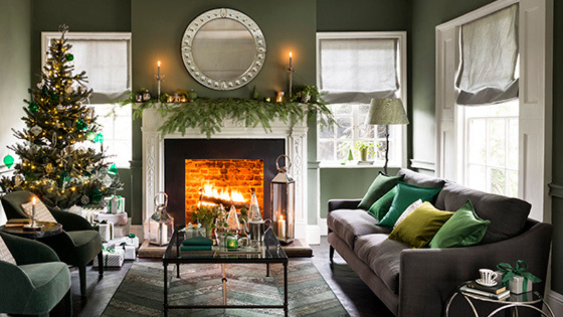 picture of green living room with christmas decorations