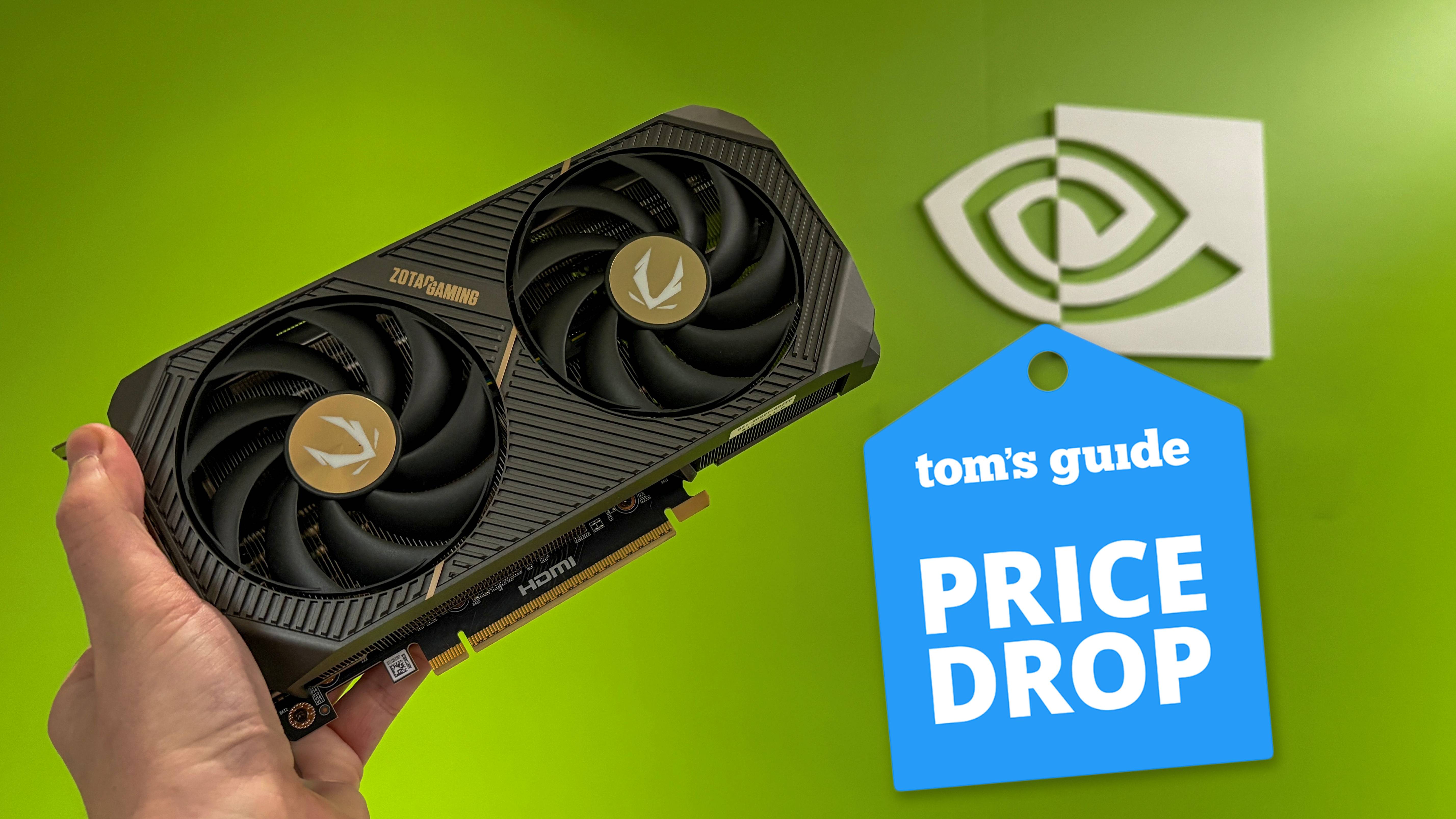 RTX 50-series GPU held in hand with Nvidia logo on green background with Tom'S Guide Price Drop badge