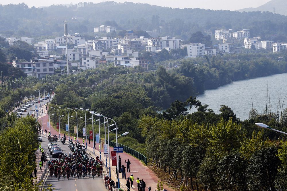 A peloton in action at the Tour of Guangxi