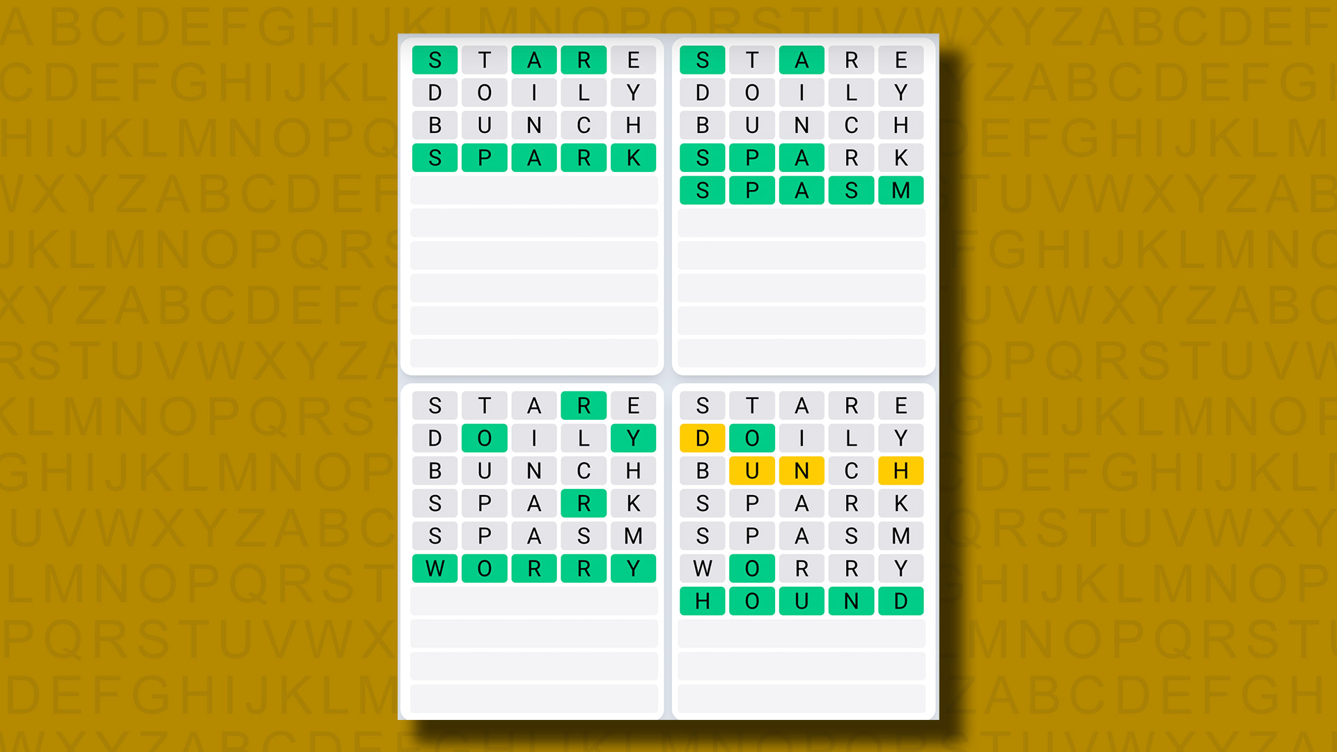 Quordle daily sequence answers for game 865 on a yellow background