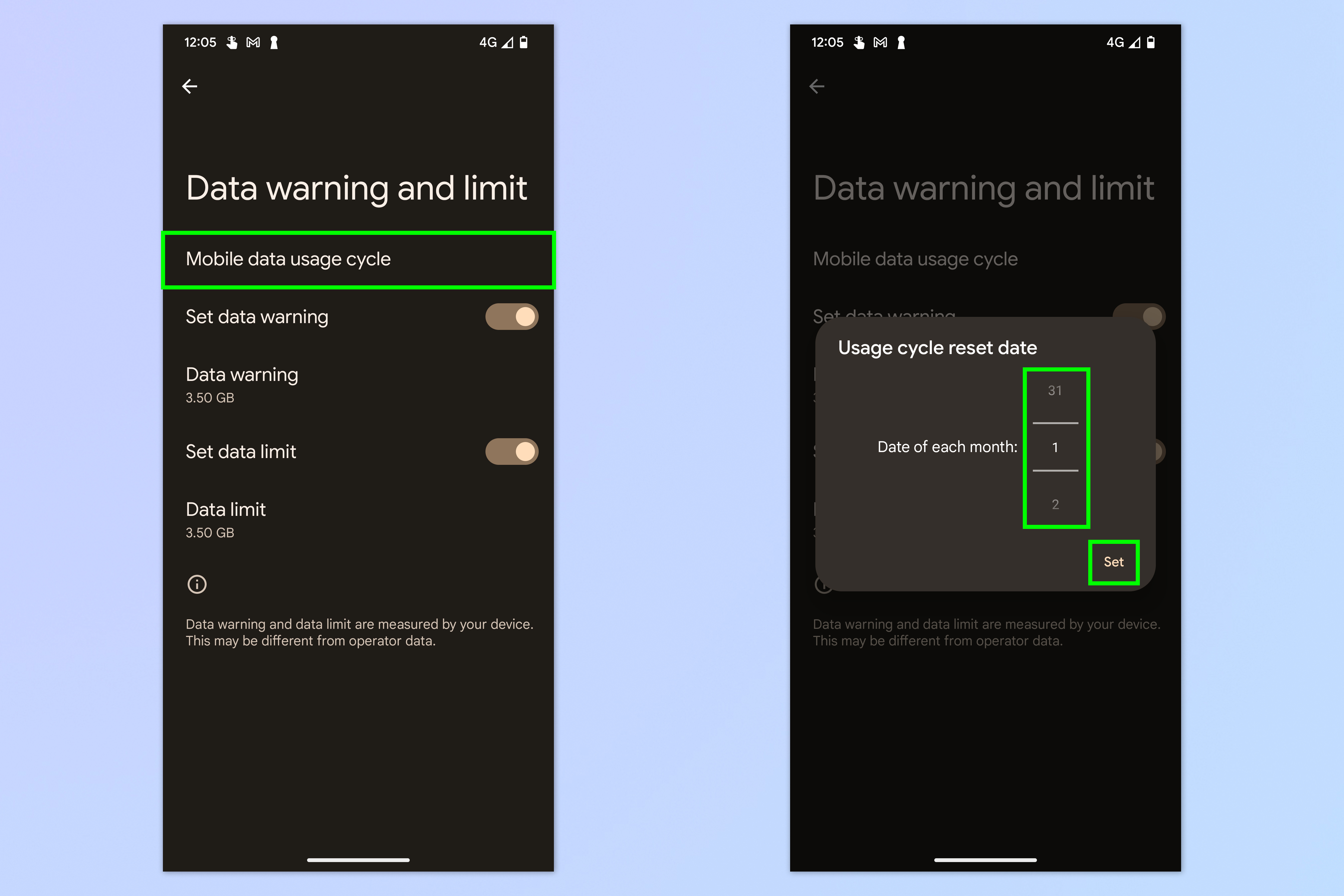 Скриншот, показывающий, как установить ограничения данных на Android