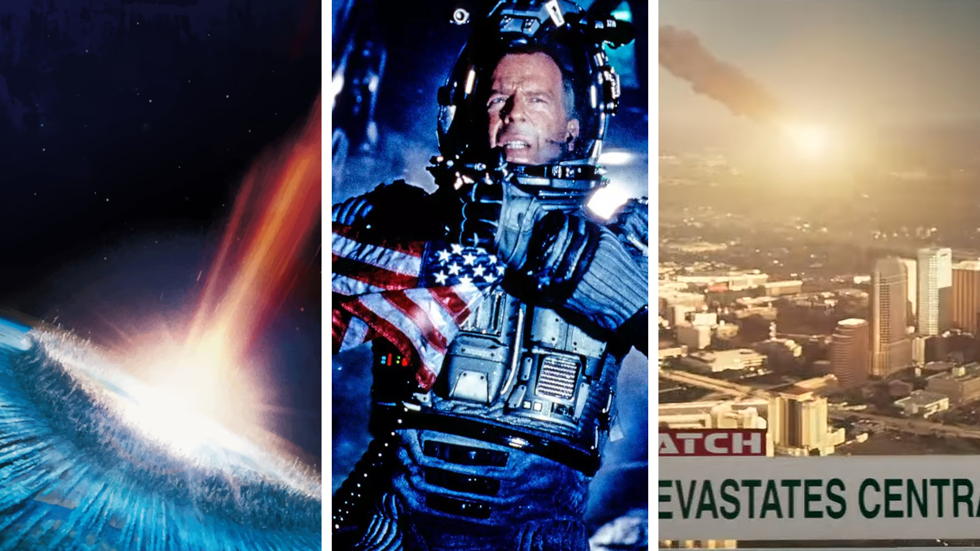 Screenshots from three asteroid movies (L-R): Deep Impact, Armageddon, and Greenland.