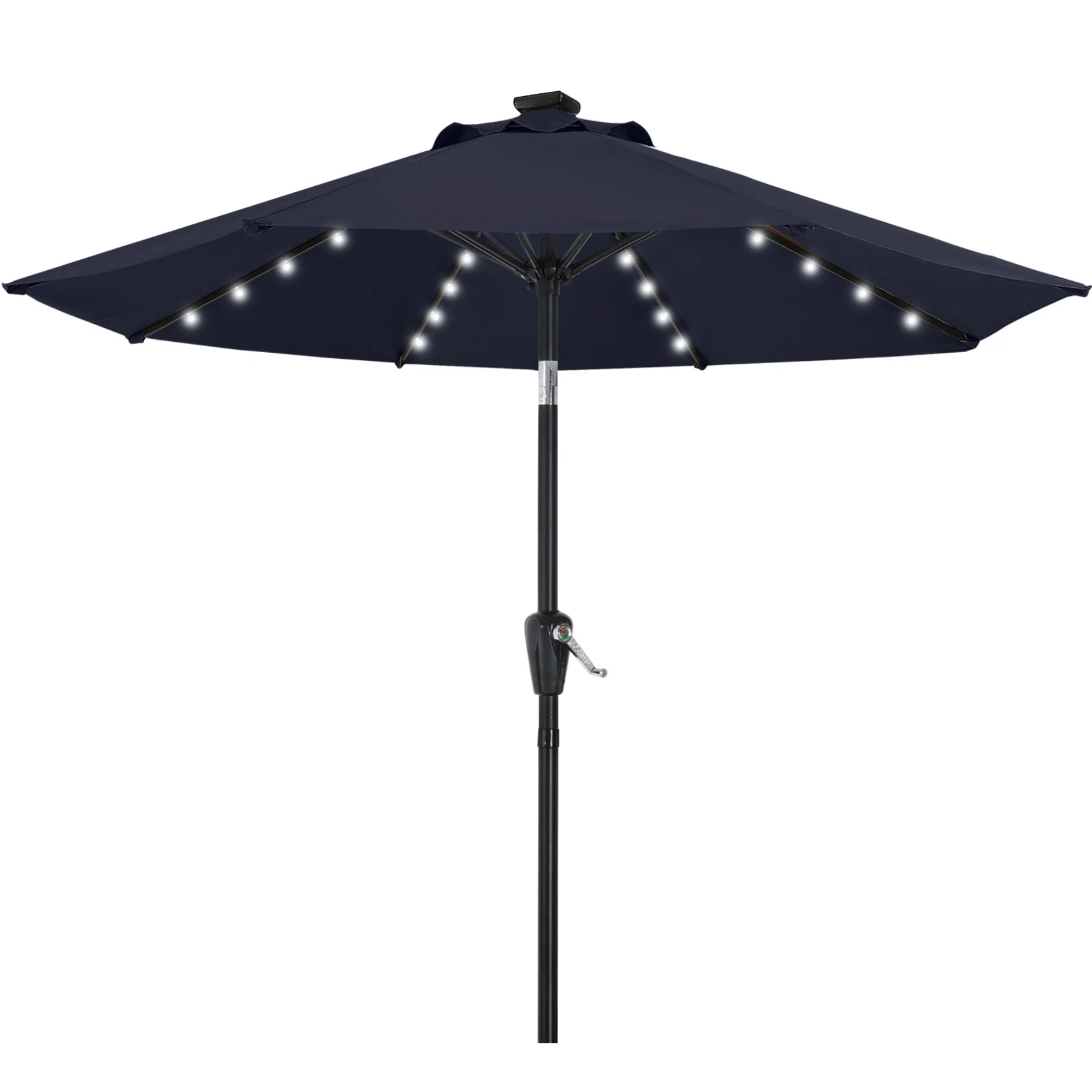 a blue outdoor umbrella with lights attached to each spoke