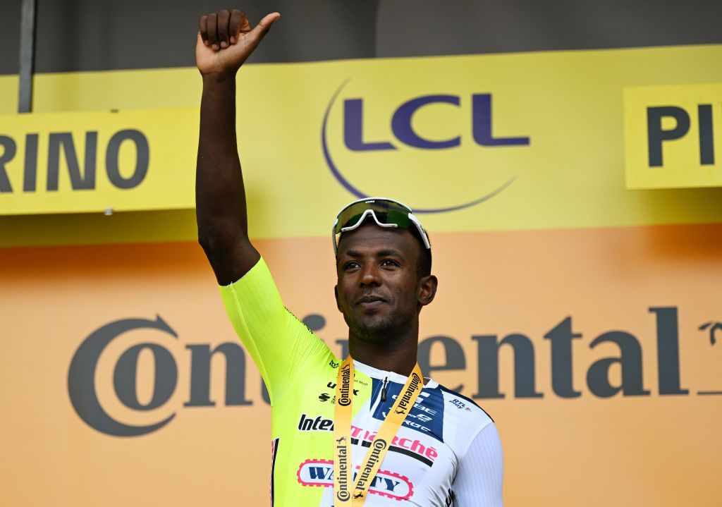 TORINO ITALY JULY 01 Biniam Girmay of Eritrea and Team Intermarche Wanty celebrates at podium as stage winner during the 111th Tour de France 2024 Stage 3 a 2308km stage from Piacenza to Torino UCIWT on July 01 2024 in Torino Italy Photo by Tim de WaeleGetty Images