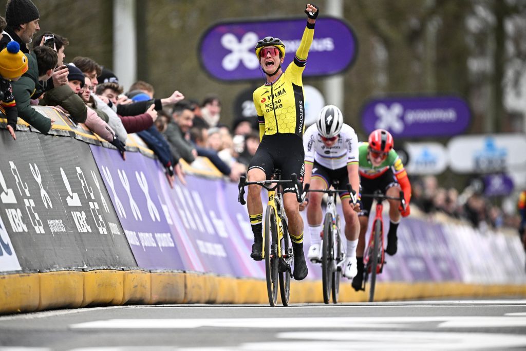 Dutch Marianne Vos of Team Visma-Lease a Bike celebrates as she crosses the finish to win the women's one-day cycling race Omloop Het Nieuwsblad (UCI World Tour), 127,1km from Gent to Ninove, Saturday 24 February 2024.
BELGA PHOTO JASPER JACOBS (Photo by JASPER JACOBS / BELGA MAG / Belga via AFP)