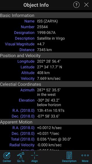 When the app is connected to the telescope, object information pages include extra icons. The GoTo icon commands the telescope to point at and track the object. The Align icon is used to correct any minor pointing differences between the telescope and the app. While most telescopes don't track satellites such as the International Space Station, some do. You can tap the GoTo icon repeatedly to bring the satellite back into a low-magnification eyepiece's wider field of view.