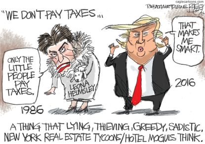 Political cartoon U.S. 2016 election Donald Trump Leona Helmsley Tax dodgers