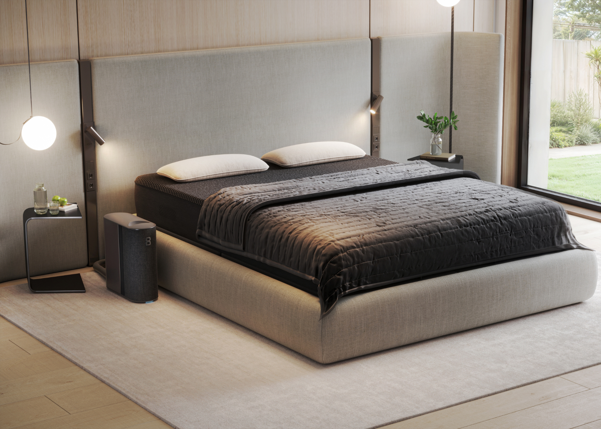 A smart mattress from Eight Sleep in a calm bedroom