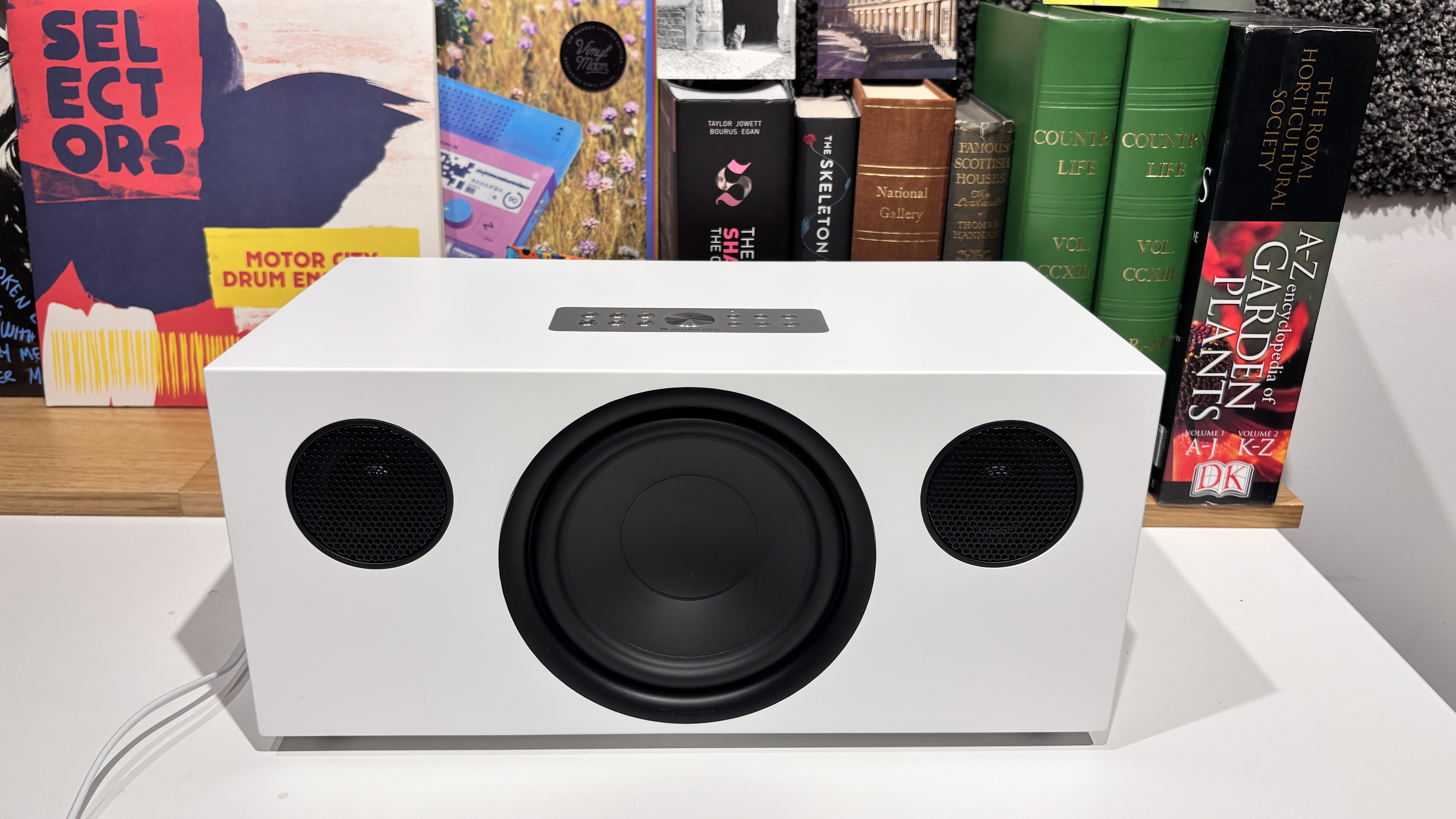 Audio Pro C20 W wireless speaker in white finish on table