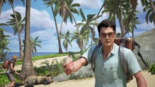 On a tropical island, a character wearing glasses and a shirt offers the player some tinned food, while another player stands over a dead hyena in the background.