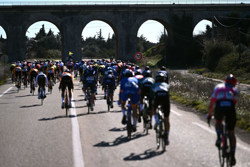 BELLEGARDESURVALSERINE FRANCE FEBRUARY 01 A general view of the peloton competing during the 53rd Etoile de Besseges Tour Du Gard 2023 Stage 1 a 16218km stage from Bellegarde to Bellegarde EDB2021 on February 01 2023 in BellegardesurValserine France Photo by Luc ClaessenGetty Images