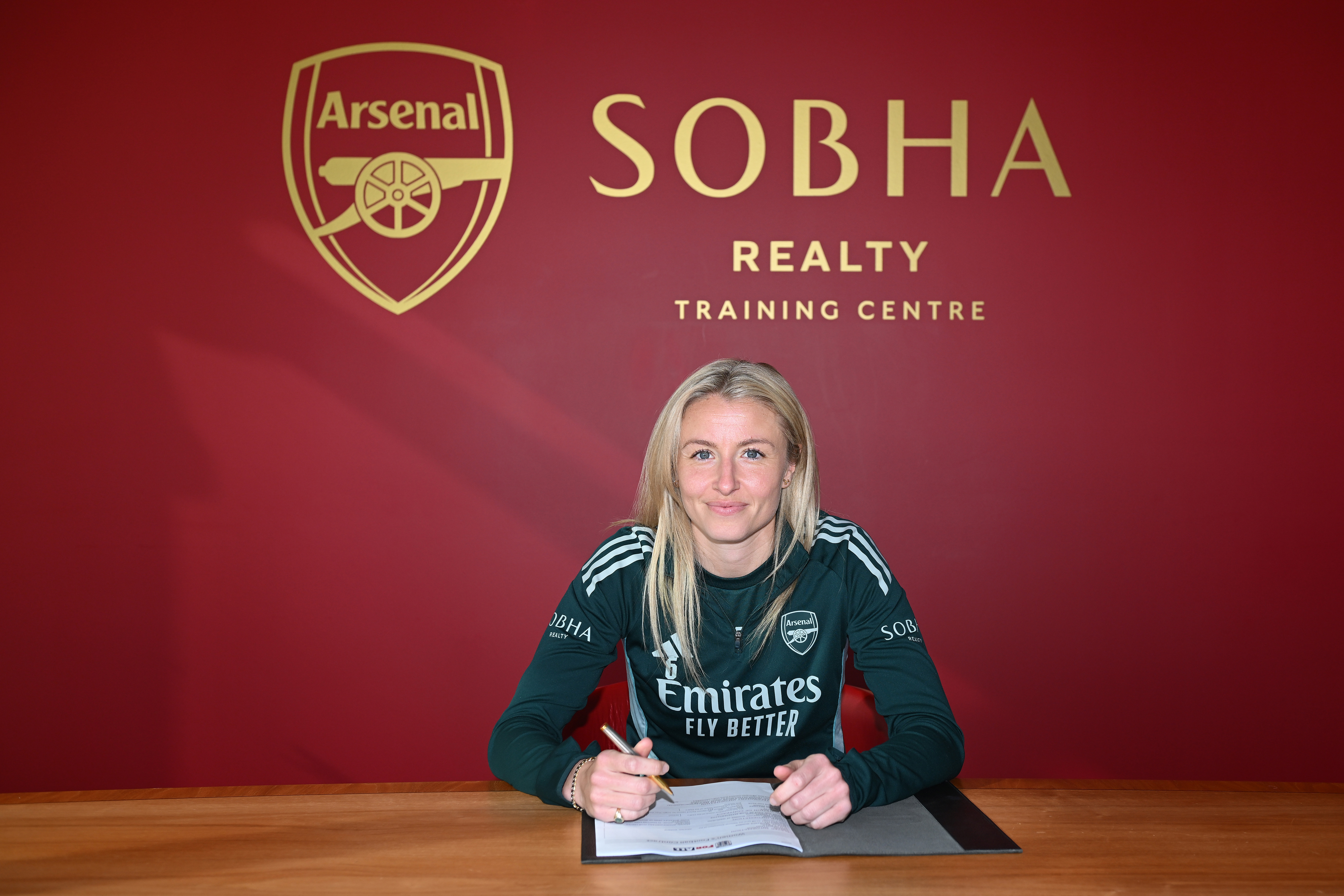 Leah Williamson signs a new contract with Arsenal at Sobha Realty Training Centre on April 30, 2026 in London Colney, England.