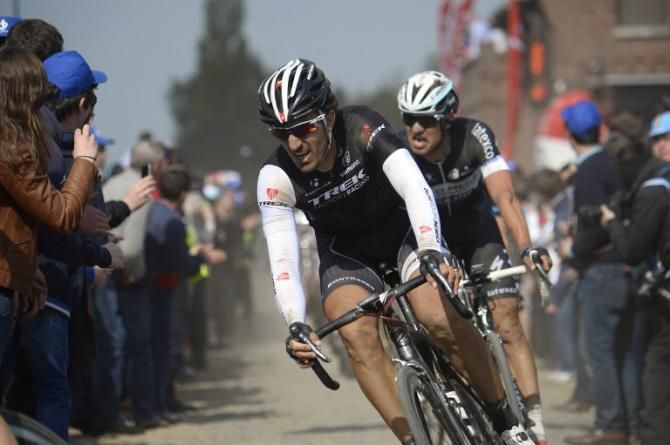 Switzerland's Fabian Cancellara (Trek Factory Racing) rides through a cobblestoned section