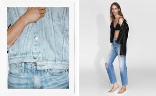 Two images. Left, the torso of a woman wearing a denim top and pants. Right, a woman wearing a black bikini top, a leather jacket and jeans.