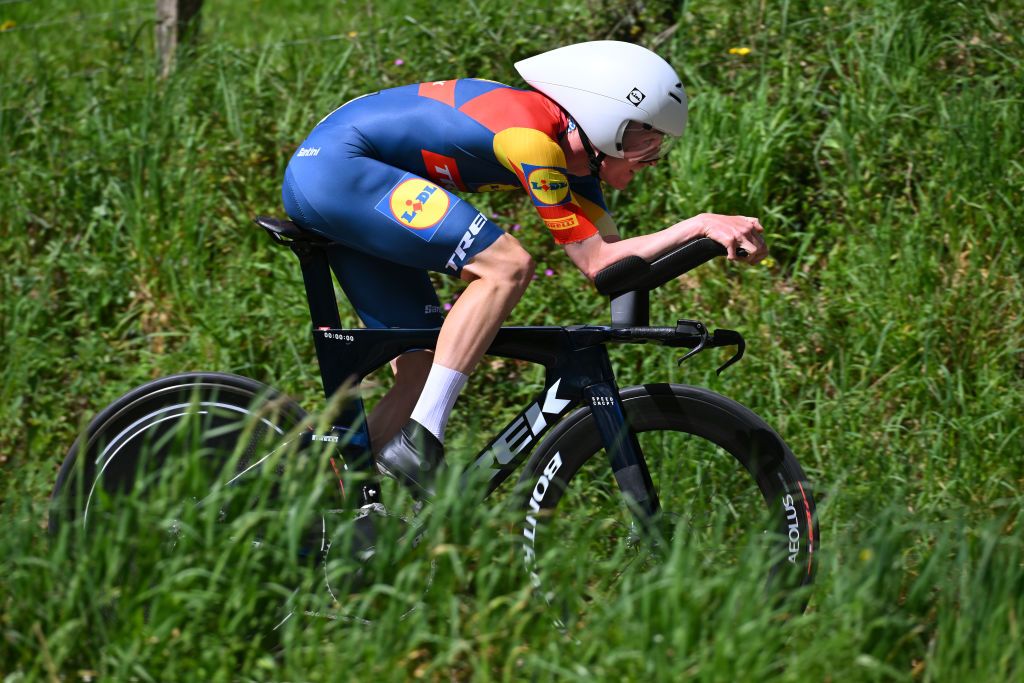 IRUN SPAIN APRIL 01 Mattias Skjelmose of Denmark and Team Lidl Trek sprints during the 63rd Itzulia Basque Country 2024 Stage 1 a 10km individual time trial stage from Irun to Irun UCIWWT on April 01 2024 in Irun Spain Photo by Tim de WaeleGetty Images