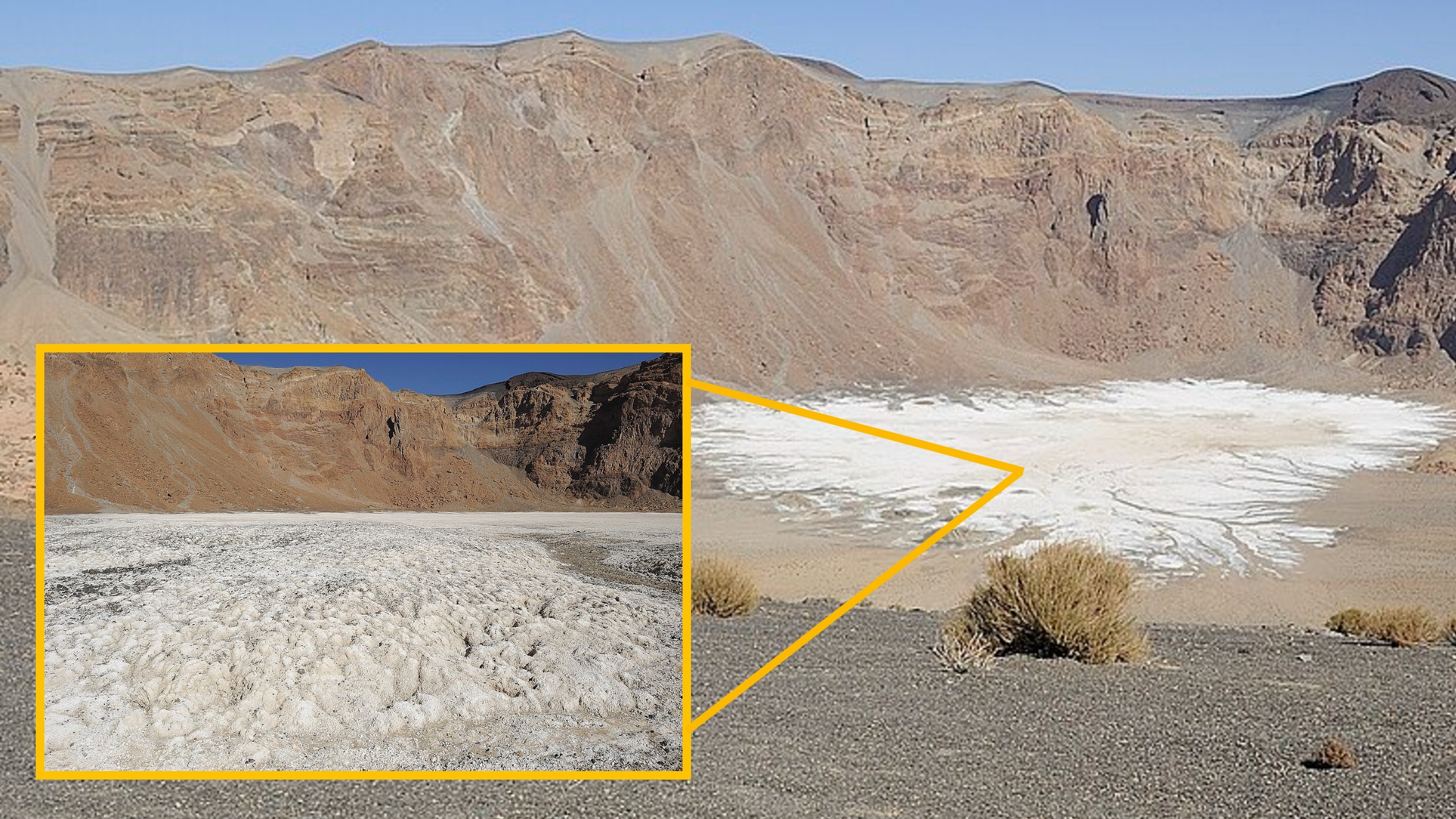 A photo of the salt patch at the volcano's summit with a close-up shot of its surface