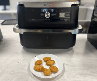 Nuggets on a plate in front of the Ninja Foodi FlexBasket Air Fryer.