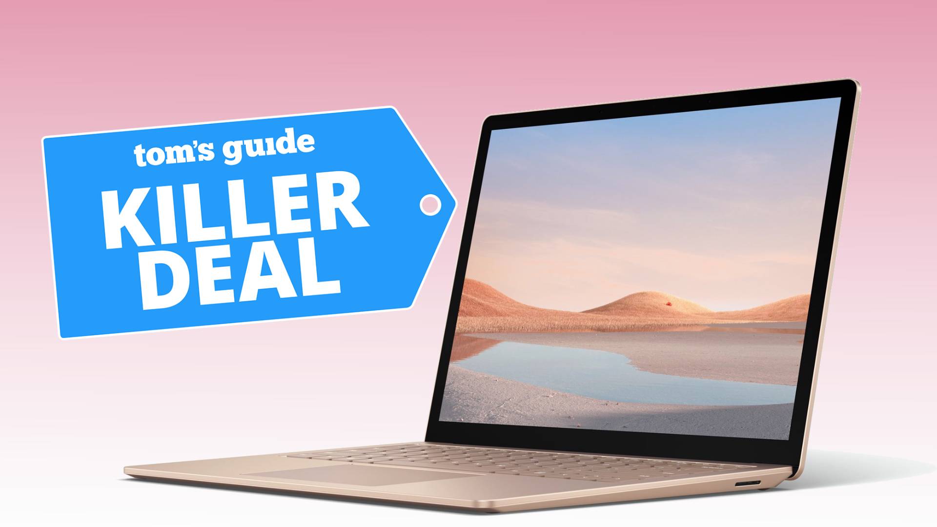 A Microsoft Surface Laptop 4 on a pink background. The "Tom's Guide killer deal" tag is overlaid.