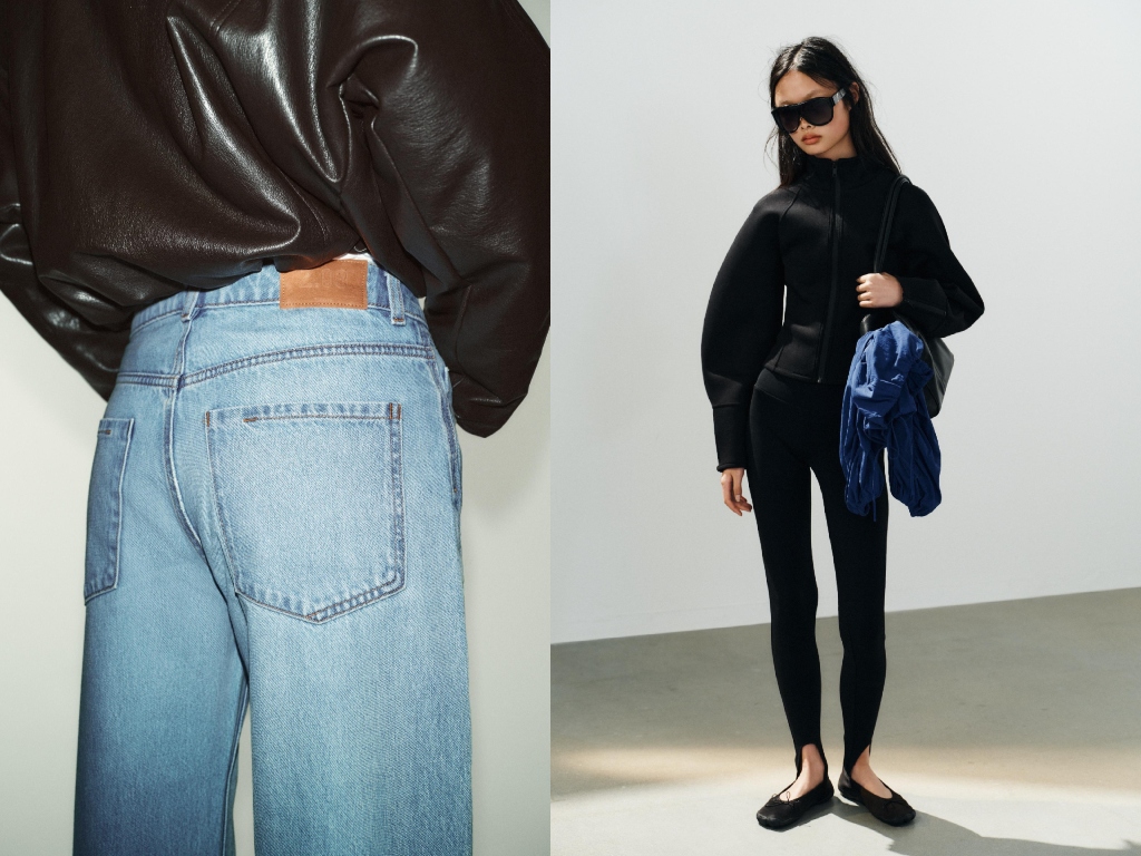 Zara models styling blue jeans, stirrup leggings and ballet flats