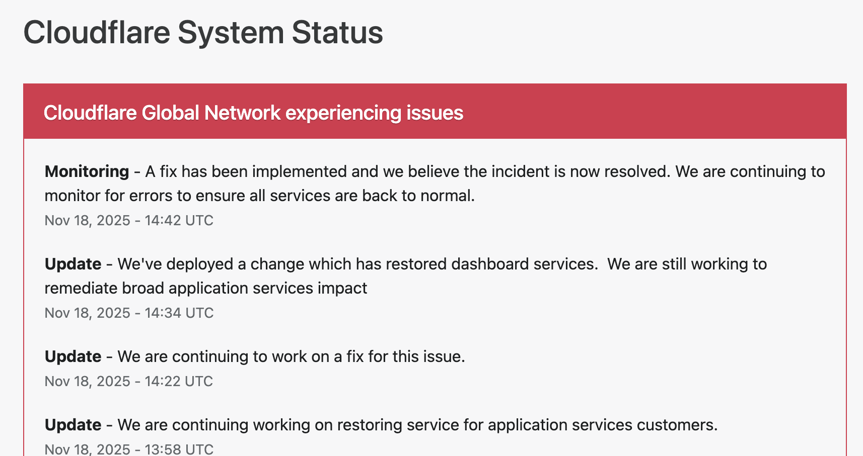 Cloudflare outage status page