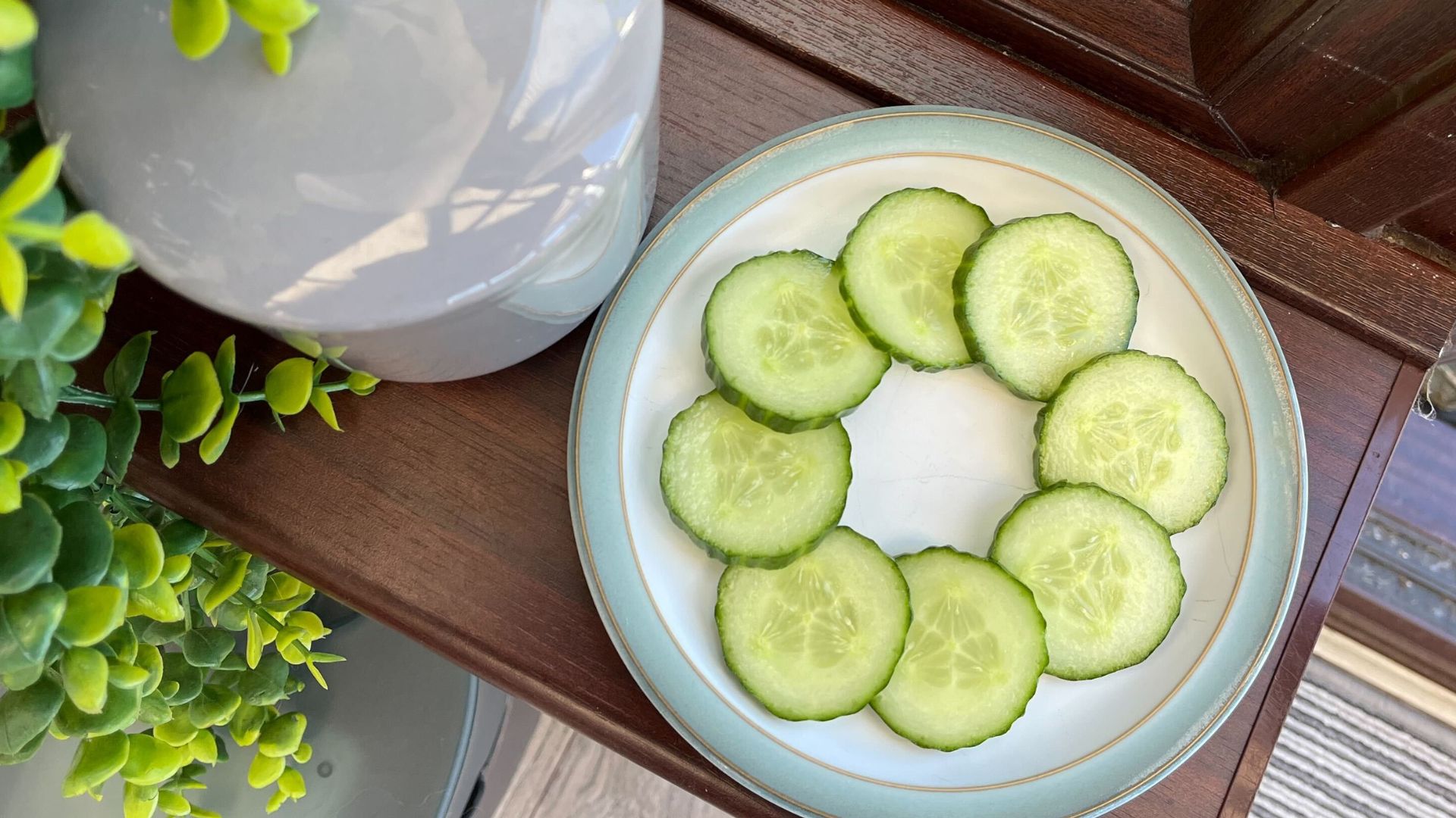 aerial view of sliced cucumber on plate