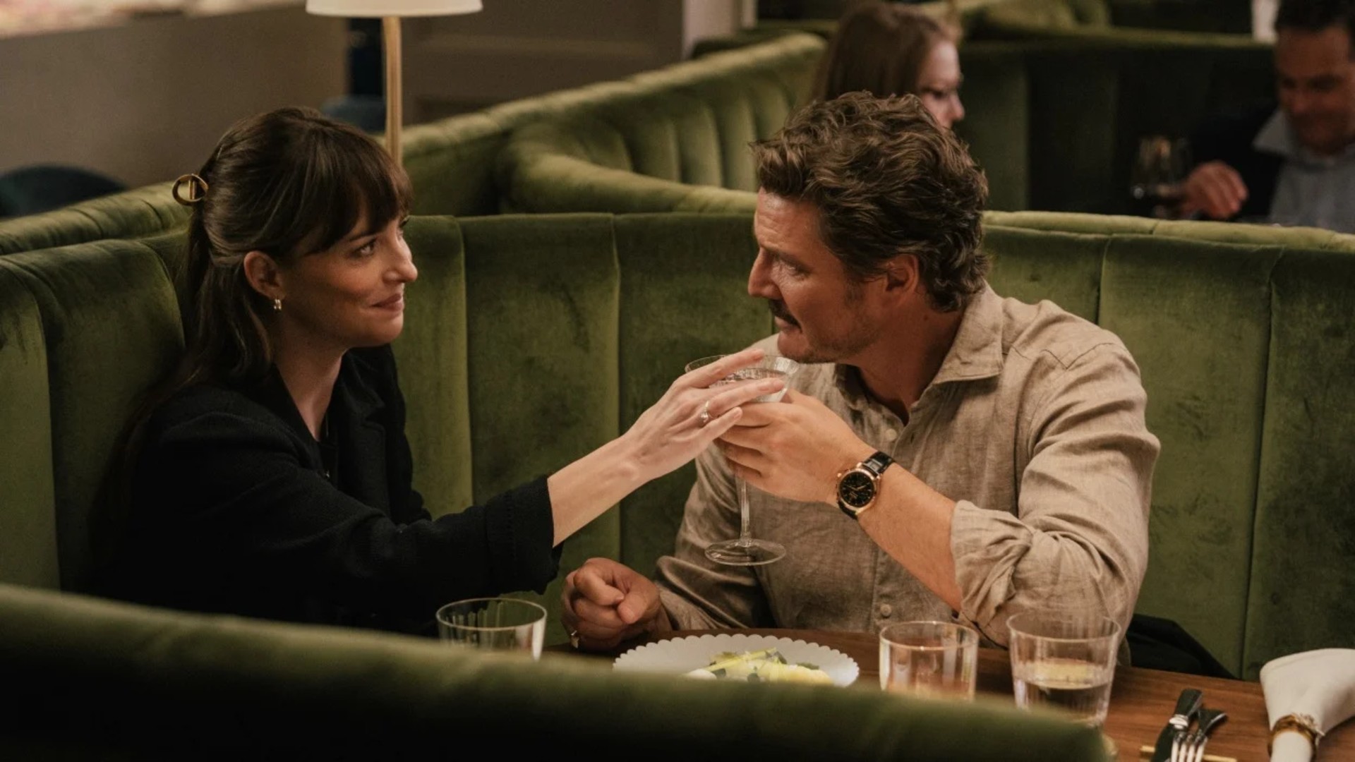 Dakota Johnson as Lucy and Pedro Pascal as Harry in Celine Song&#039;s Materialists