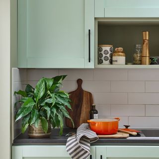 A kitchen with white tiles and cabinets painted in a pistachio green called Willow Tree by Dulux