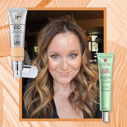 mature skin women surrounded by cc creams on an orange background