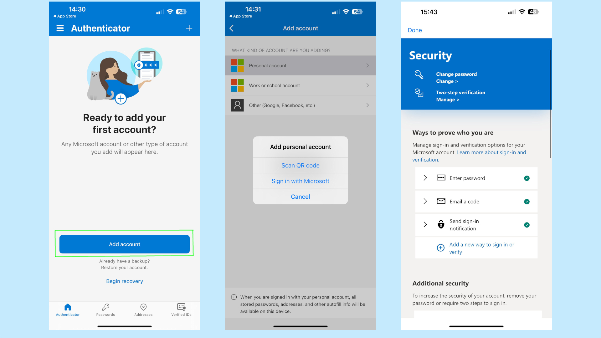 Microsoft authenticator selection screens