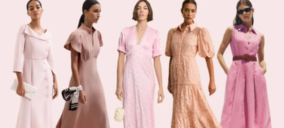 five models wearing dusty pink dresses