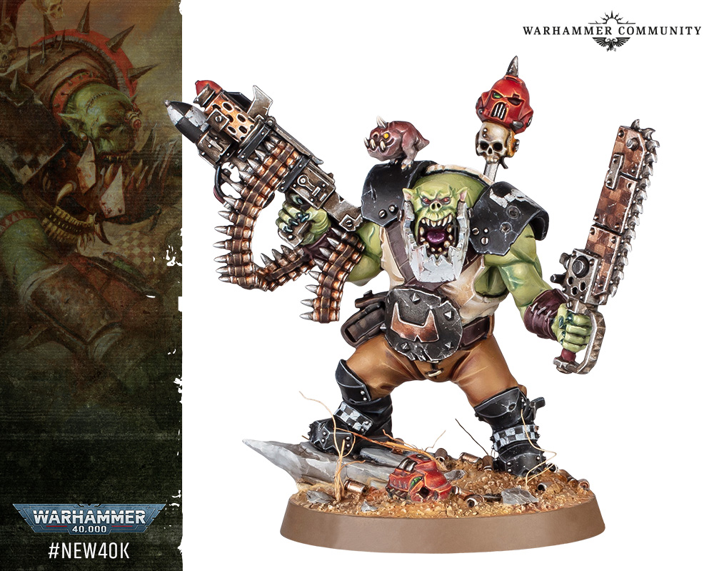 Warhammer 40K Ork Boss Nob on a plain background beside an Ork artwork banner, with the "Warhammer Community" logo in the top right-hand corner of the frame