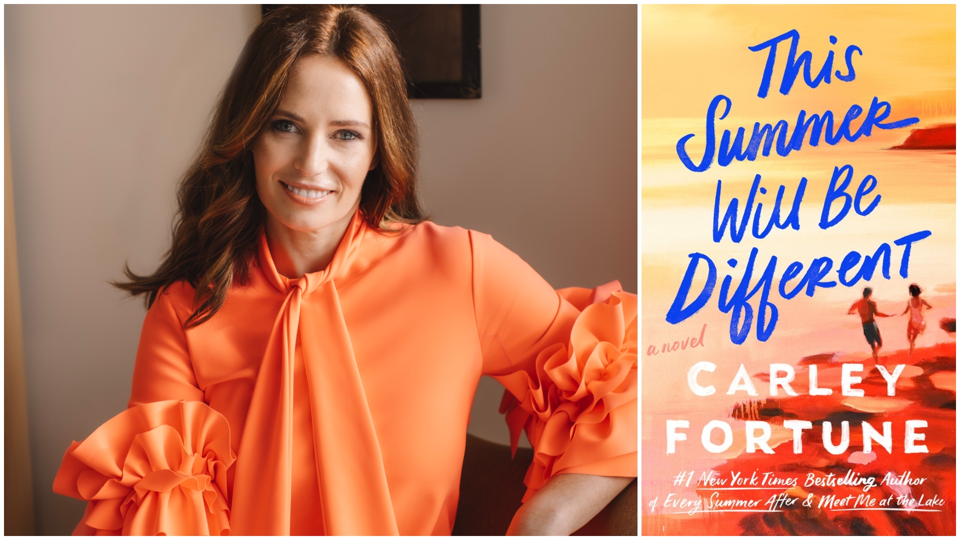 a split image of author carley fortune posing in an orange blouse opposite the cover of her book this summer will be different
