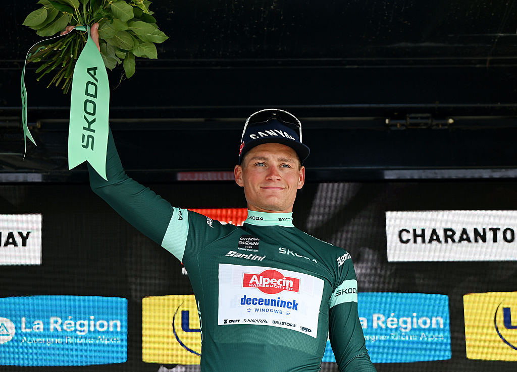 CHARANTONNAY FRANCE JUNE 10 Mathieu van der Poel of Netherlands and Team Alpecin Deceuninck celebrates at podium as Green Points Jersey winner during the 77th Criterium du Dauphine 2025 Stage 3 a 2072km stage from Brioude to Charantonnay UCIWT on June 10 2025 in Charantonnay France Photo by Dario BelingheriGetty Images