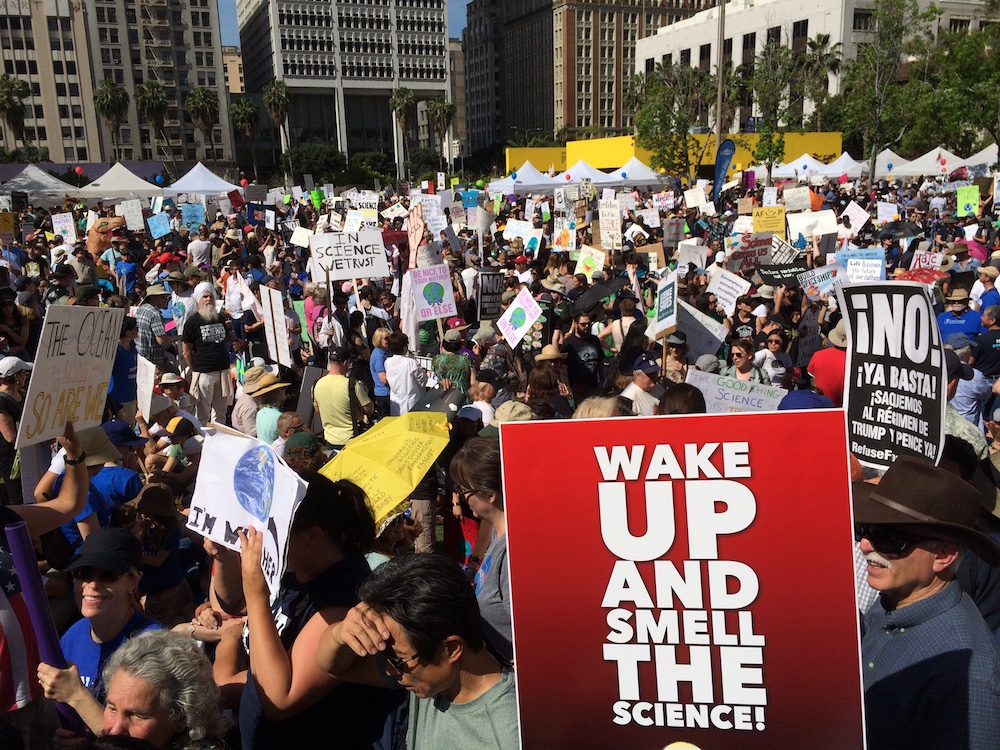 Marchers gather in Pershing Square in downtown Los Angeles for the March for Science on April 22, 2017.