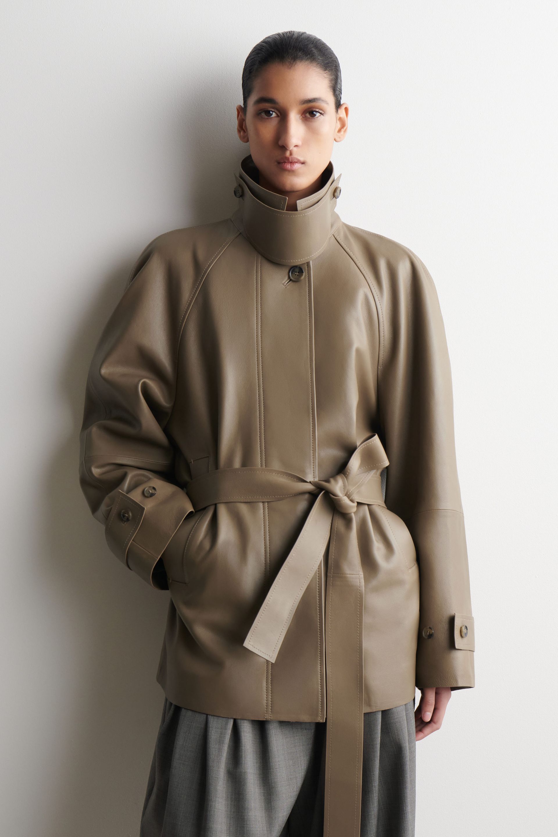 Funnel-Neck Leather Short Trench Jacket