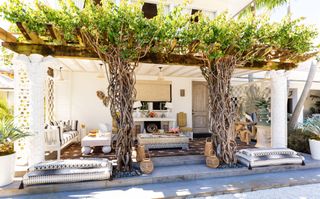 Carpet on indoor-outdoor terrace are with plant pillars, tables, and upholstery