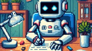 A pixel style image of a robot writing at a desk with plants and a notepad.