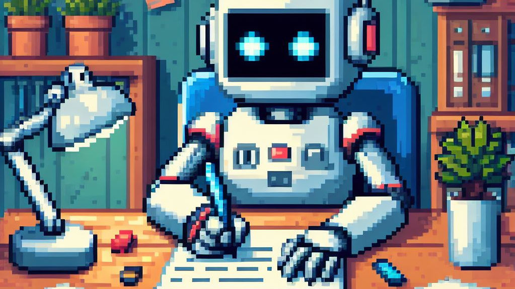 A pixel art image of a robot writing at a desk with plants and a notepad.