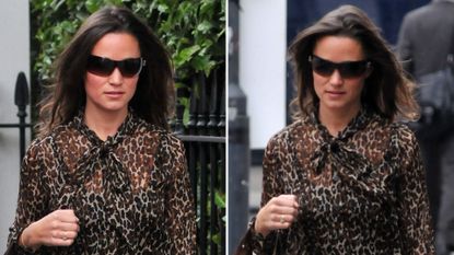 Composite of two pictures of Pippa Middleton wearing jeans, a leopard print shirt and ballet flats, in September 2011 in London 