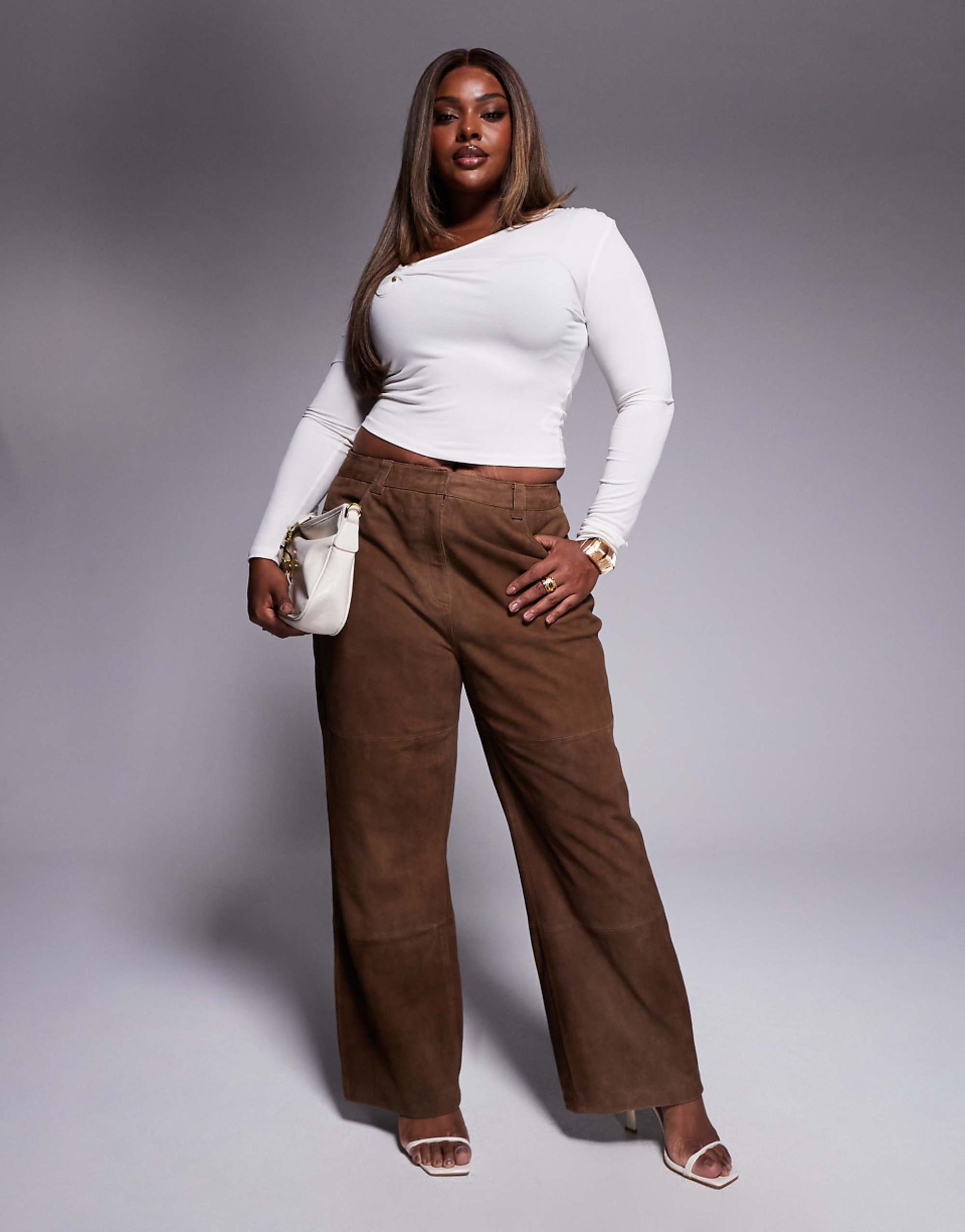 Asos Design Curve Straight Leg Suede Paneled Pants in Mocha