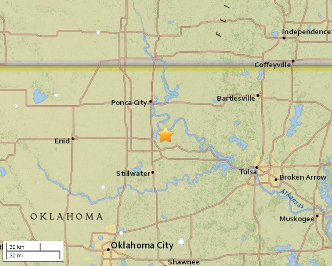 A 5.8-magnitude earthquake shook Pawnee, Oklahoma, on Sept. 3, 2016, at 12:02:44 UTC.