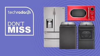 Refrigerator, washer, dryer and microwave on a purple background