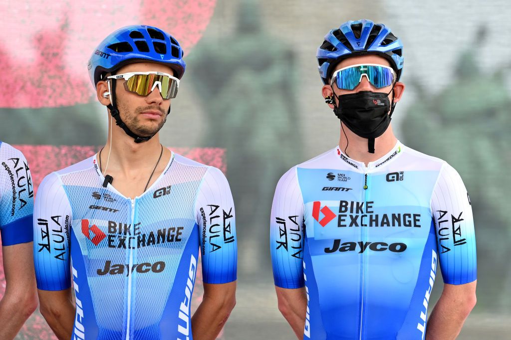 VISEGRAD HUNGARY MAY 06 LR Matteo Sobrero of Italy and Lawson Craddock of United States and Team BikeExchange Jayco during the team presentation prior to the 105th Giro dItalia 2022 Stage 1 a 195km stage from Budapest to Visegrd 337m Giro WorldTour on May 06 2022 in Visegrad Hungary Photo by Stuart FranklinGetty Images