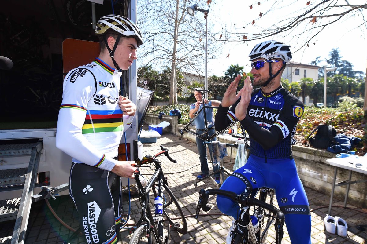 Wout Van Aert gets a few tips from Tom Boonen before the ride